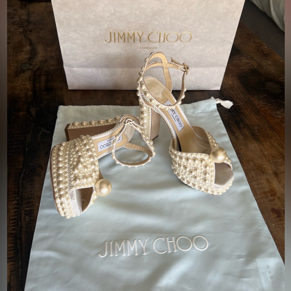 Jimmy Choo Sacaria/PF 120
White Satin Platform Sandals with All-Over Pearl